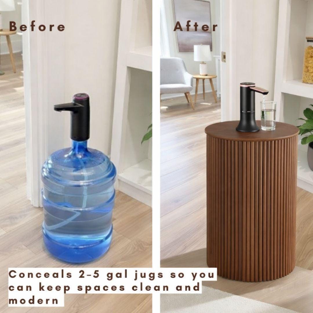 Walnut Large Water Jug Side Table with Touchless Water Pump, Round Fluted Nightstand with Hidden 1-5 Gallon Water Bottle Storage Fits Most Bottles