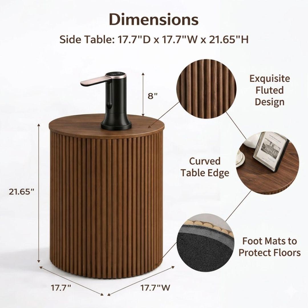 Walnut Large Water Jug Side Table with Touchless Water Pump, Round Fluted Nightstand with Hidden 1-5 Gallon Water Bottle Storage Fits Most Bottles