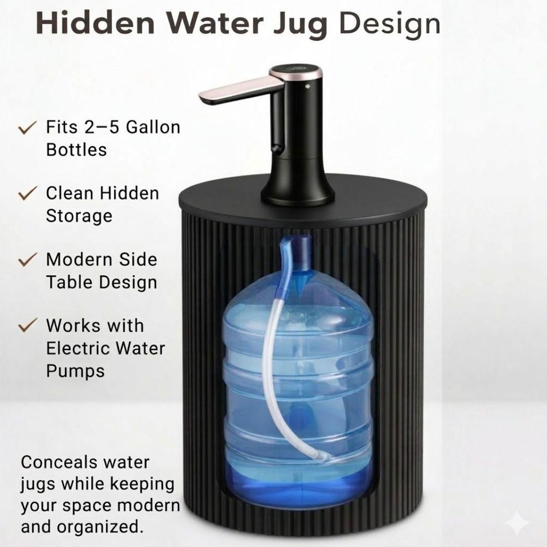 Black Water Jug Side Table, Hidden 1-5 Gallon Water Bottle Cover, Water Bottle Holder Nightstand, Modern Water Jug Storage Stand Fits Most Bottles