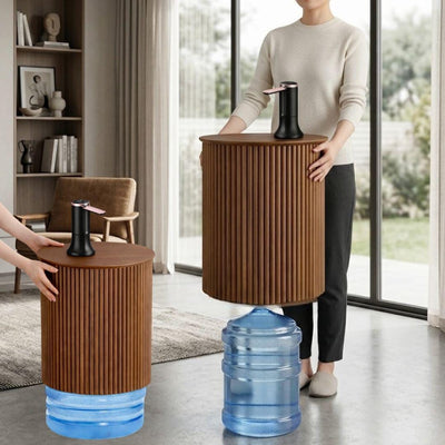 Walnut Large Water Jug Side Table with Touchless Water Pump, Round Fluted Nightstand with Hidden 1-5 Gallon Water Bottle Storage Fits Most Bottles