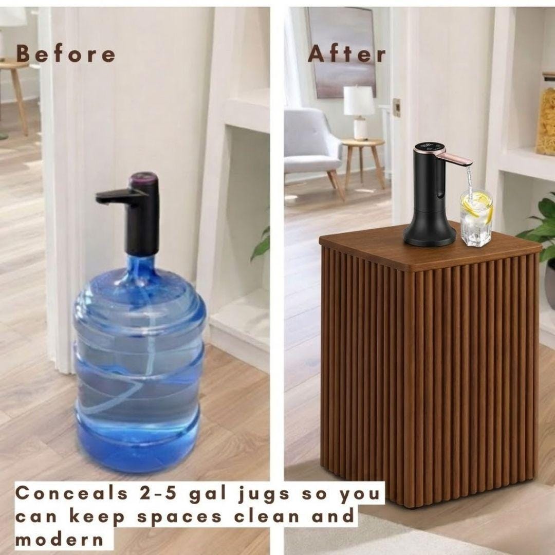 Square Water Jug Side Table, Hidden Storage 1–5 Gallon Dispenser Cover, Water bottle Rack, Nesting Water Jug Holder Fits All Bottles