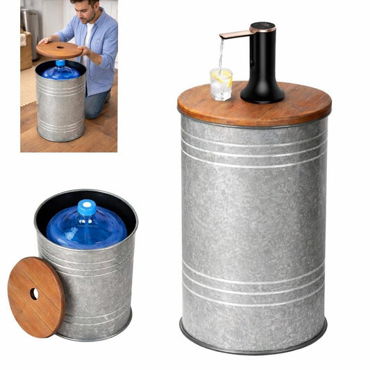 Metal Hidden Water Jug Side Table w/ Storage – Metal Barrel 1–5 Gallon Water Bottle Cover, End Table w/ Water Storage, Fits All Bottles