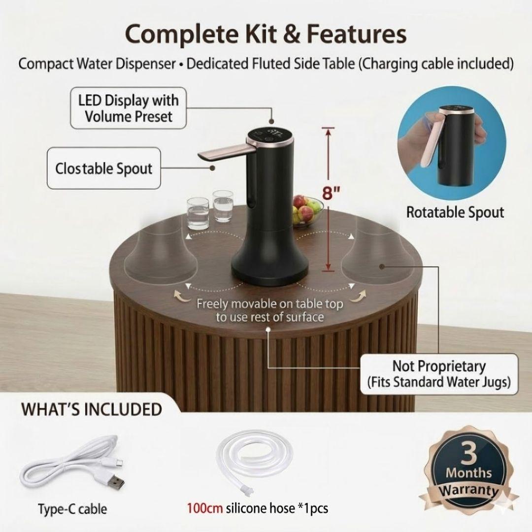 Walnut Large Water Jug Side Table with Touchless Water Pump, Round Fluted Nightstand with Hidden 1-5 Gallon Water Bottle Storage Fits Most Bottles