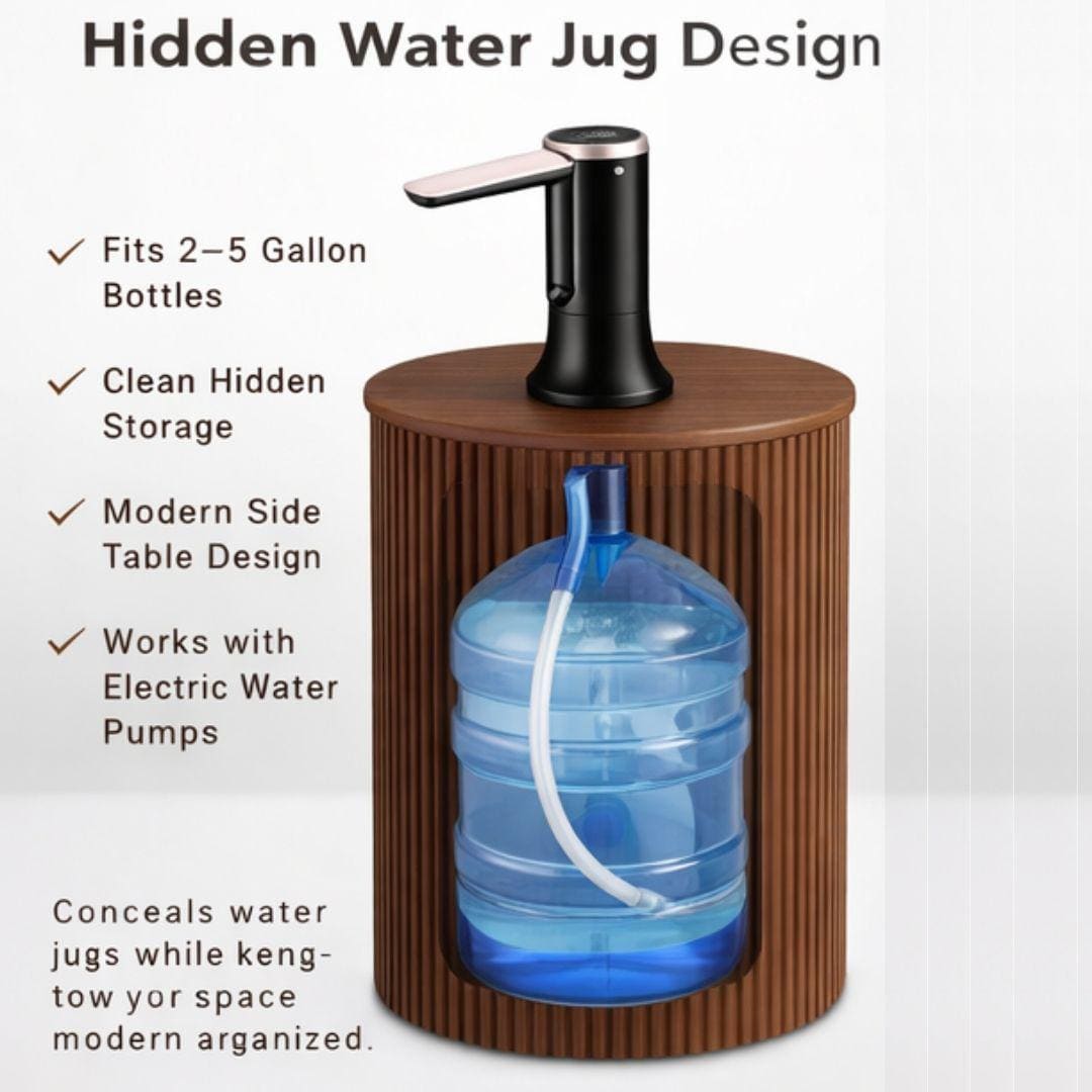 Walnut Large Water Jug Side Table with Touchless Water Pump, Round Fluted Nightstand with Hidden 1-5 Gallon Water Bottle Storage Fits Most Bottles