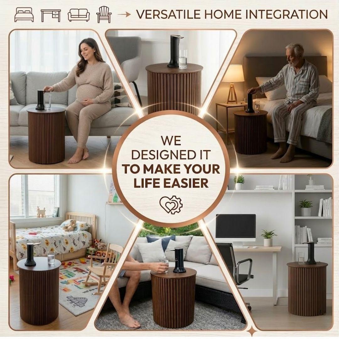 Walnut Large Water Jug Side Table with Touchless Water Pump, Round Fluted Nightstand with Hidden 1-5 Gallon Water Bottle Storage Fits Most Bottles