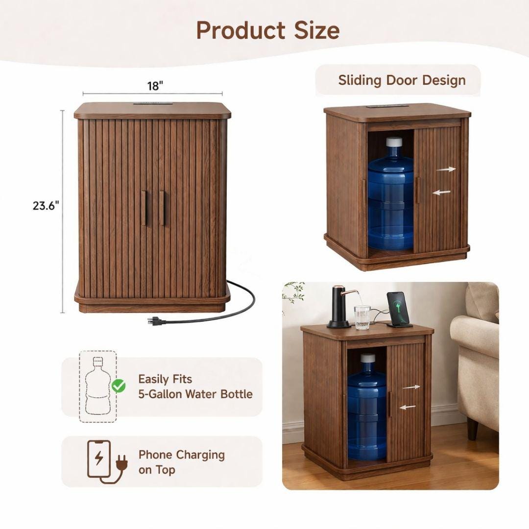 Walnut Water Jug Nightstand Table w/ Charging Station I Water Bottle Cover Side Table w/ Charging Station, End Table USB Ports,Water Storage