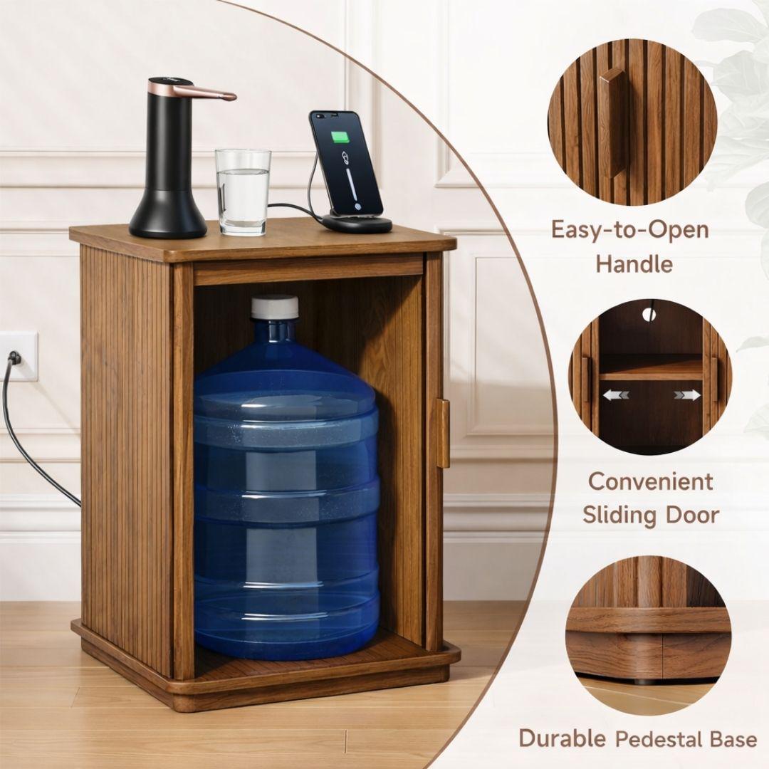 Walnut Water Jug Nightstand Table w/ Charging Station I Water Bottle Cover Side Table w/ Charging Station, End Table USB Ports,Water Storage