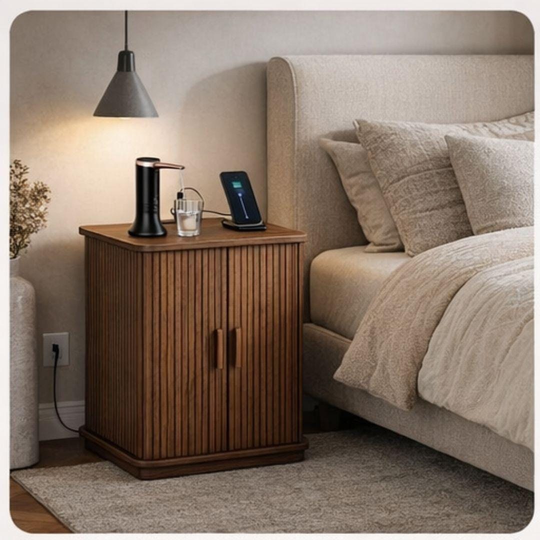 Walnut Water Jug Nightstand Table w/ Charging Station I Water Bottle Cover Side Table w/ Charging Station, End Table USB Ports,Water Storage