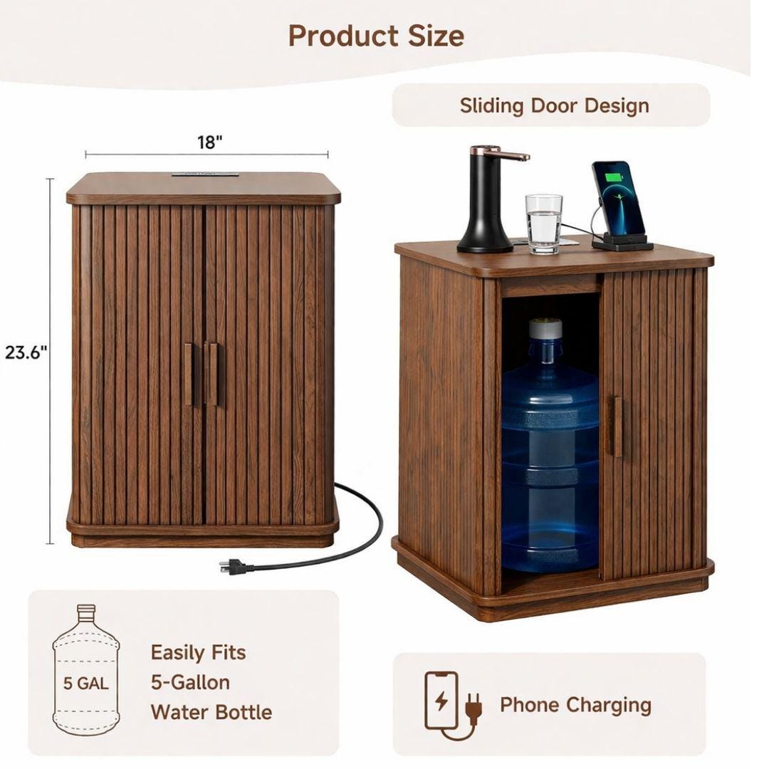 Walnut Water Jug Nightstand Table w/ Charging Station I Water Bottle Cover Side Table w/ Charging Station, End Table USB Ports,Water Storage
