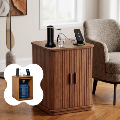 Walnut Water Jug Nightstand Table w/ Charging Station I Water Bottle Cover Side Table w/ Charging Station, End Table USB Ports,Water Storage
