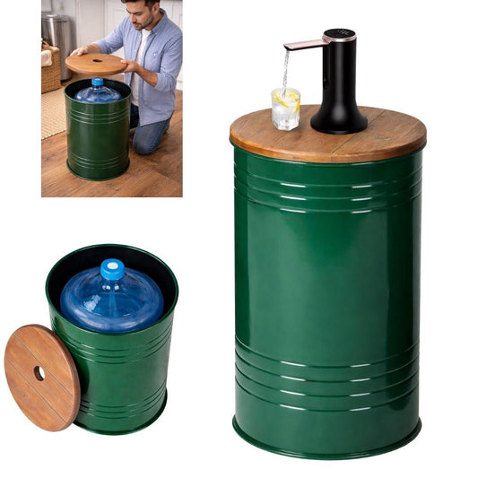 Green Barrel Water Jug Side Table wit Water Pump., Barrel End Table Water Bottle Cover, Hidden Storage 1–5 Gallon Dispenser Cover, Nesting Water Jug Table