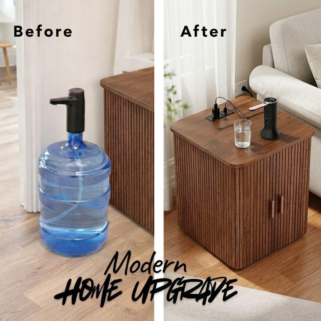 Walnut Water Jug Nightstand Table w/ Charging Station I Water Bottle Cover Side Table w/ Charging Station, End Table USB Ports,Water Storage