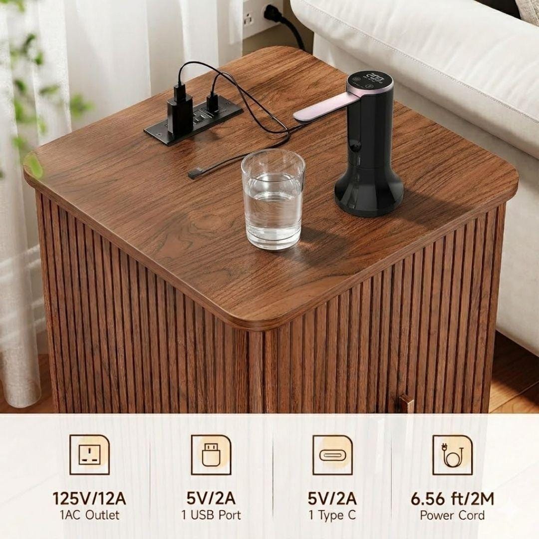Walnut Water Jug Nightstand Table w/ Charging Station I Water Bottle Cover Side Table w/ Charging Station, End Table USB Ports,Water Storage