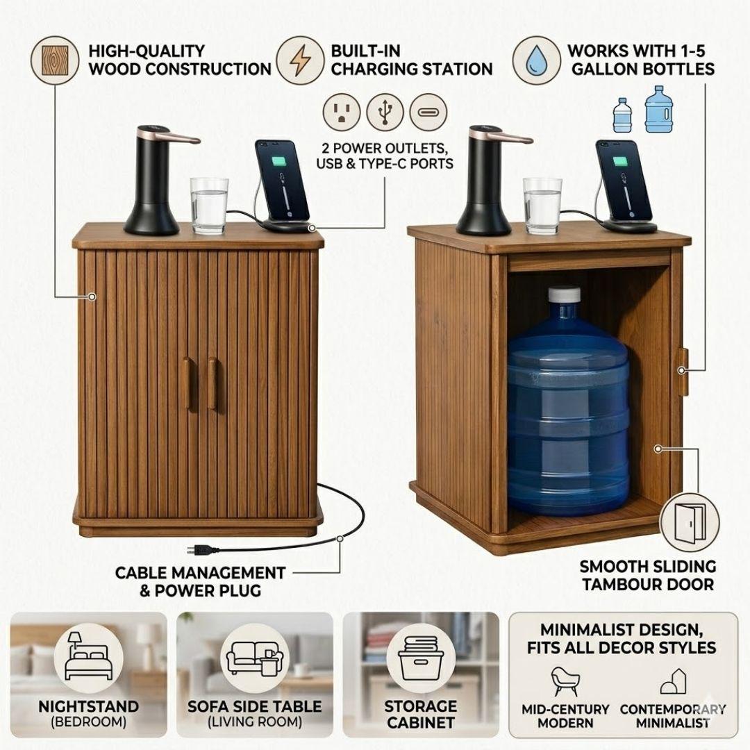 Walnut Water Jug Nightstand Table w/ Charging Station I Water Bottle Cover Side Table w/ Charging Station, End Table USB Ports,Water Storage