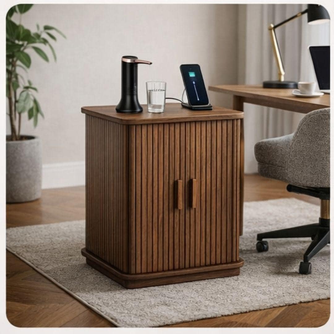 Walnut Water Jug Nightstand Table w/ Charging Station I Water Bottle Cover Side Table w/ Charging Station, End Table USB Ports,Water Storage