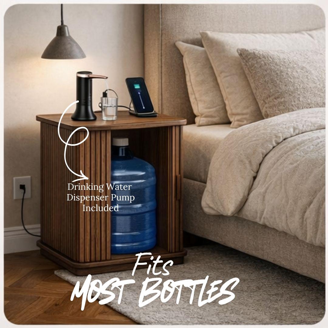 Walnut Water Jug Nightstand Table w/ Charging Station I Water Bottle Cover Side Table w/ Charging Station, End Table USB Ports,Water Storage