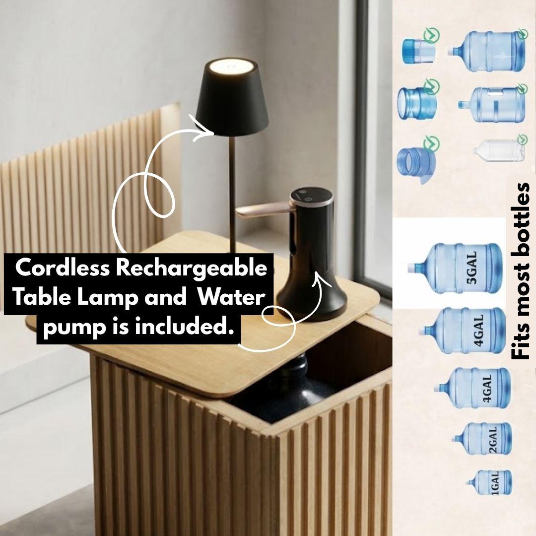 Water Jug Side Table with Lamp & Water Pump, Nightstand with Hidden 1-5 Gallon Water Bottle Storage, Nesting Water Jug Holder Side Table Fits Most Bottles