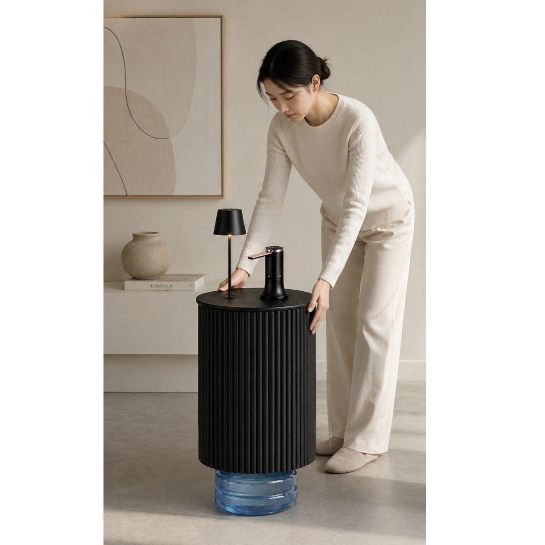 Black Water Jug Side Table with Lamp & Water Pump, Modern Round Side Table Night Stand with Drinking Water Dispenser Pump & Lamp - Fits All Water Bottles