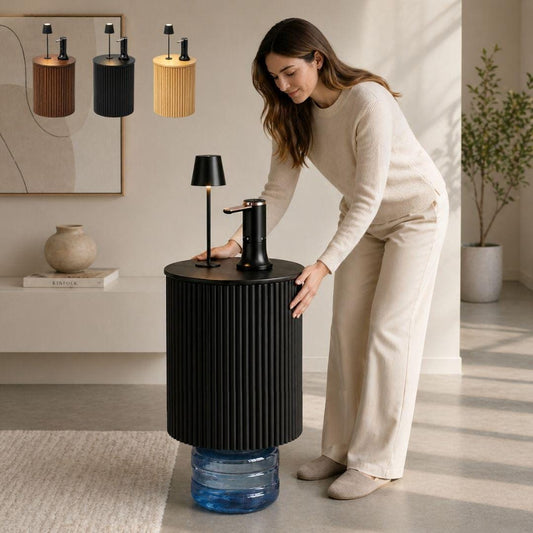 Black Water Jug Side Table with Lamp & Water Pump, Modern Round Side Table Night Stand with Drinking Water Dispenser Pump & Lamp - Fits All Water Bottles
