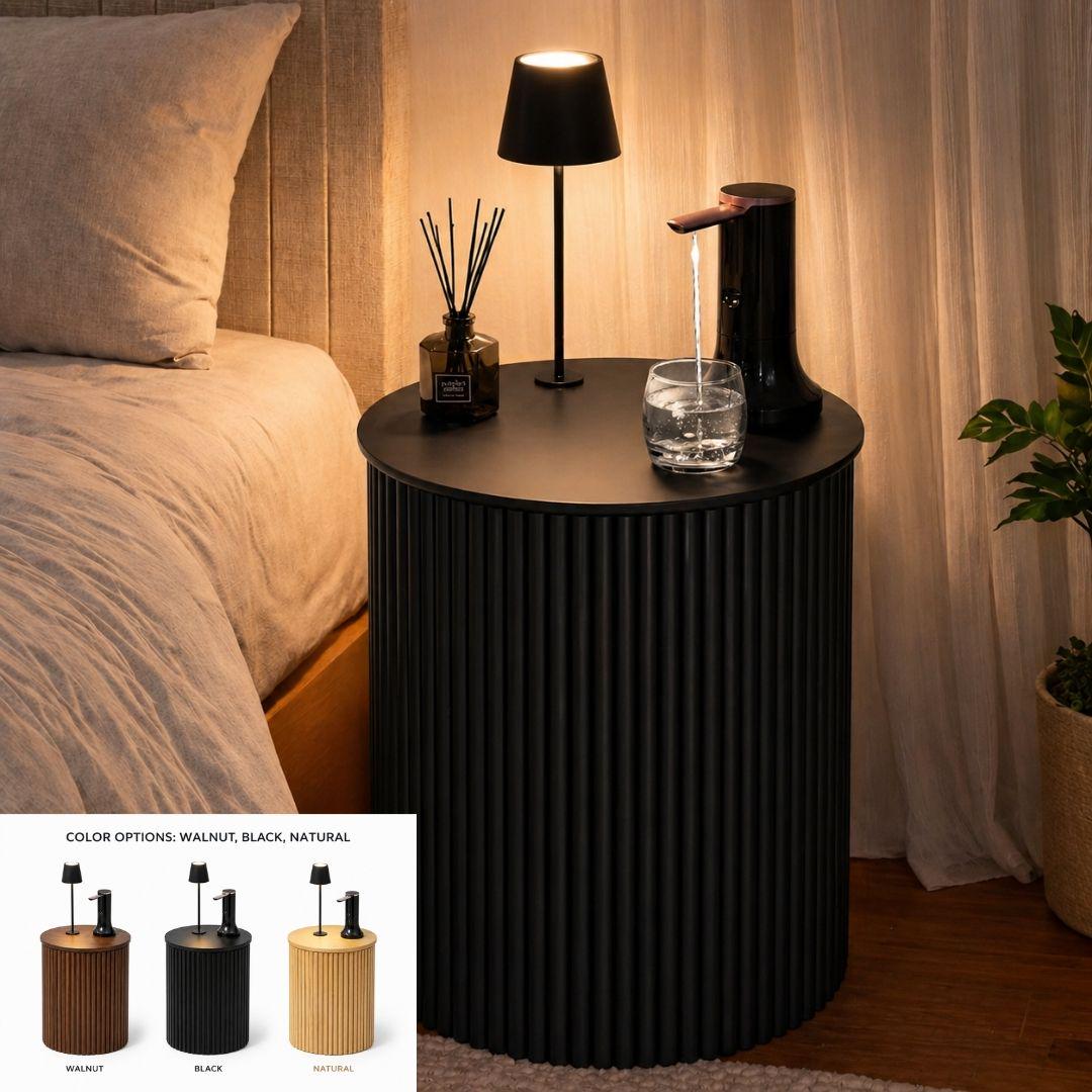 Black Water Jug Side Table with Lamp & Water Pump, Modern Round Side Table Night Stand with Drinking Water Dispenser Pump & Lamp - Fits All Water Bottles