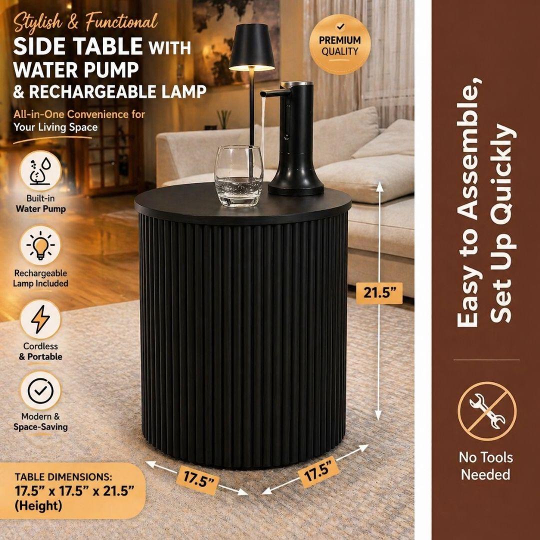 Black Water Jug Side Table with Lamp & Water Pump, Modern Round Side Table Night Stand with Drinking Water Dispenser Pump & Lamp - Fits All Water Bottles