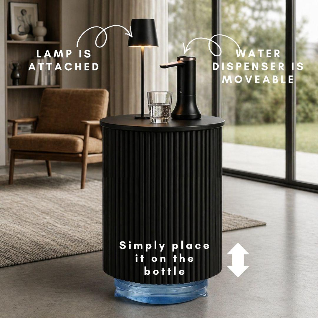 Black Water Jug Side Table with Lamp & Water Pump, Modern Round Side Table Night Stand with Drinking Water Dispenser Pump & Lamp - Fits All Water Bottles