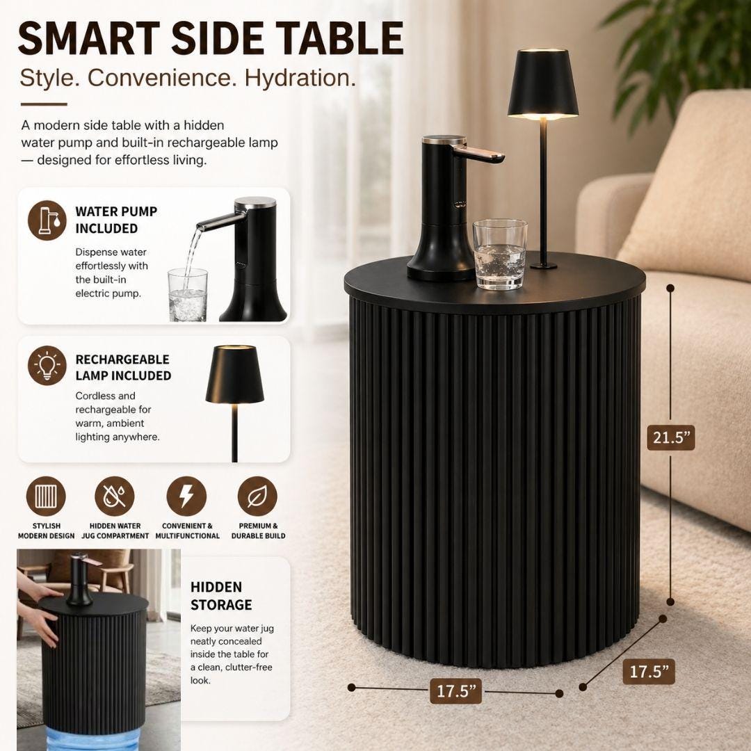 Black Water Jug Side Table with Lamp & Water Pump, Modern Round Side Table Night Stand with Drinking Water Dispenser Pump & Lamp - Fits All Water Bottles