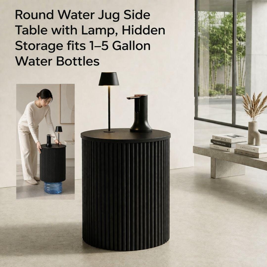 Black Water Jug Side Table with Lamp & Water Pump, Modern Round Side Table Night Stand with Drinking Water Dispenser Pump & Lamp - Fits All Water Bottles