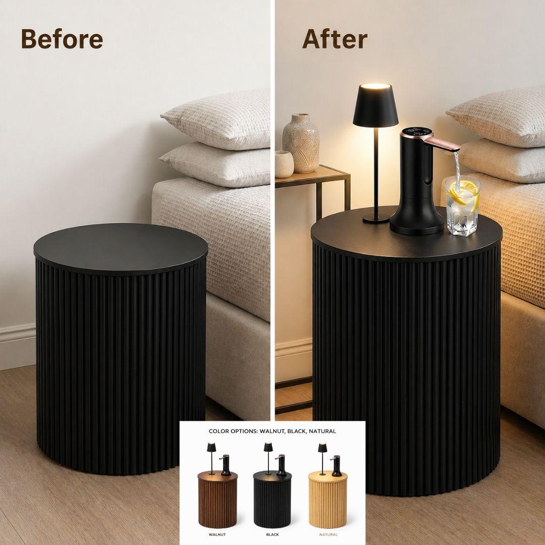 Black Water Jug Side Table with Lamp & Water Pump, Modern Round Side Table Night Stand with Drinking Water Dispenser Pump & Lamp - Fits All Water Bottles